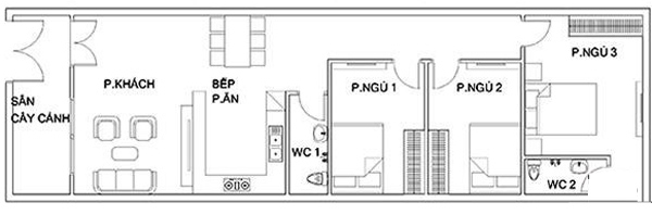 Bản vẽ nhà 1 tầng 3 phòng ngủ