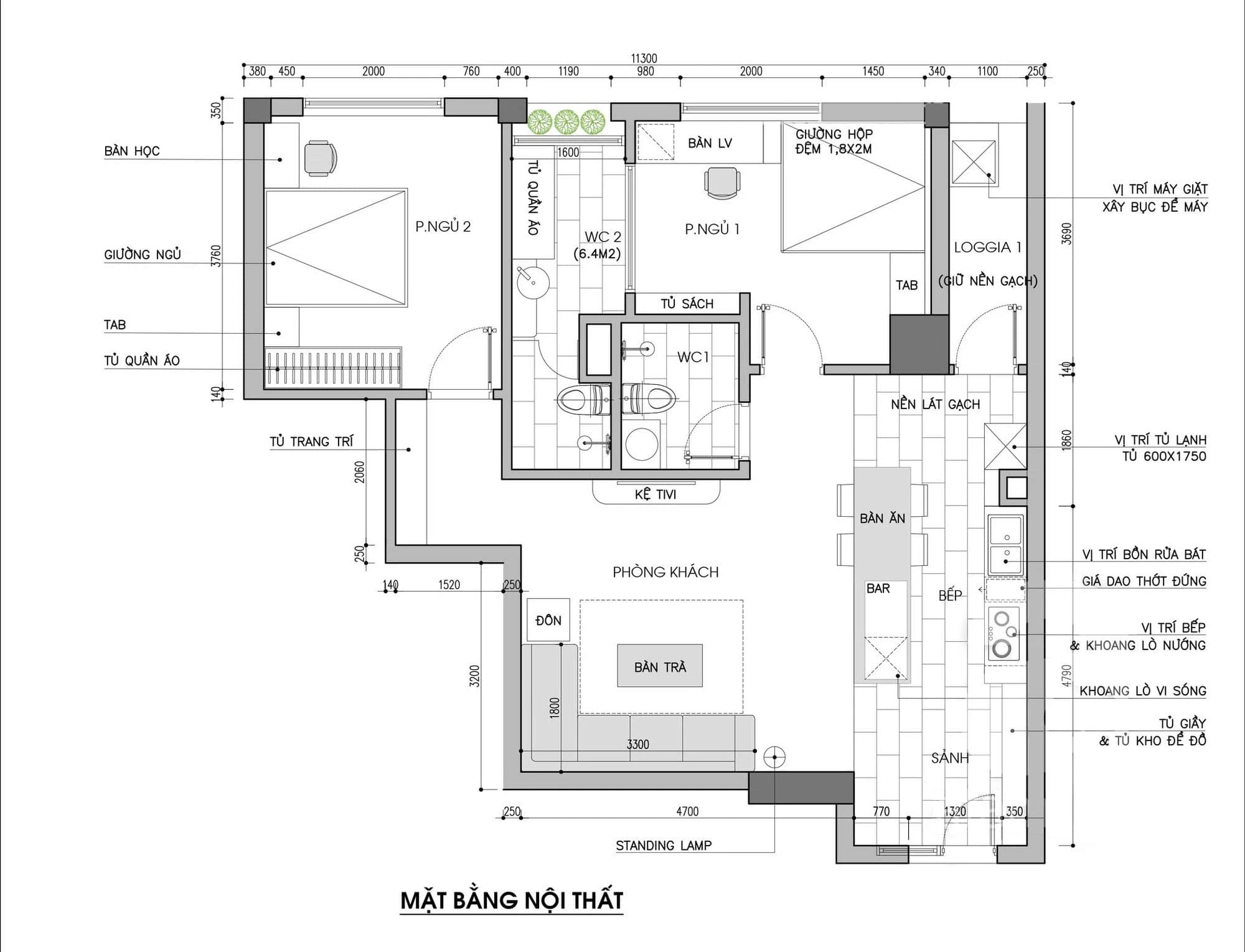 Cải tạo căn hộ 80m2 2 phòng ngủ