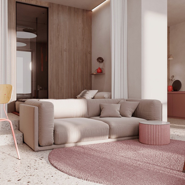 Mẫu căn hộ đẹp dùng gam màu hồng đơn sắc làm chủ đạo