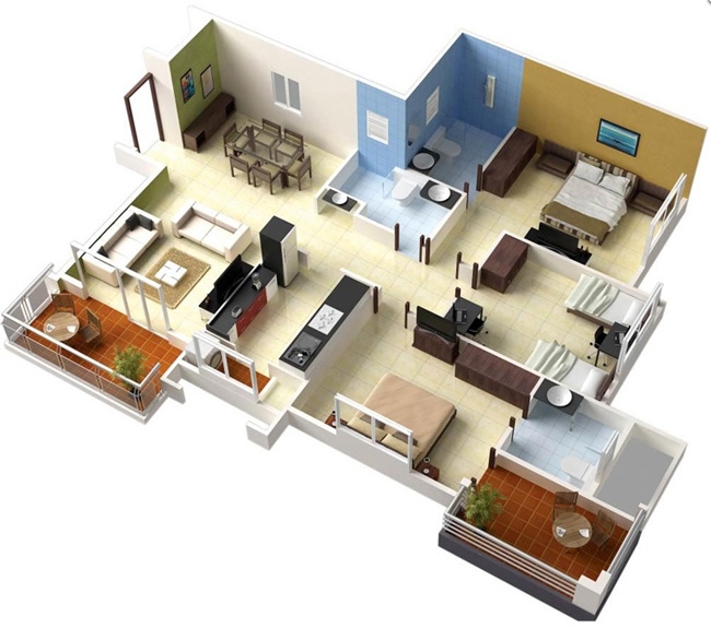 Mẫu thiết kế căn hộ 3 phòng ngủ có diện tích từ 70m2 trở lên