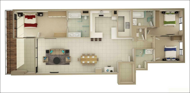 Mẫu thiết kế căn hộ 3 phòng ngủ có diện tích từ 70m2 trở lên