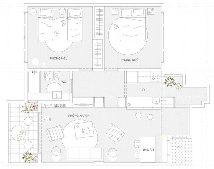 Căn hộ 60m2 thiết kế nội thất tủ âm tường